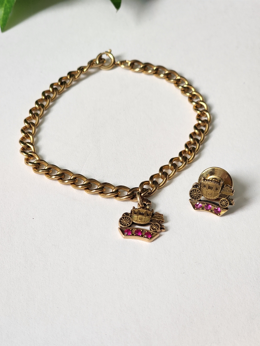 General Motors 10k Gold Carriage Charm & Bracelet and 10k Pin Set w/ Pink Stones